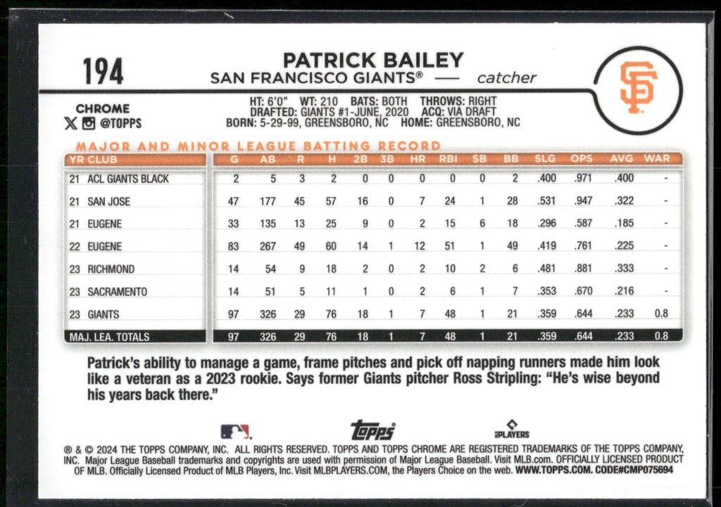 2024 Topps Chrome #194 Patrick Bailey Pink Refractors