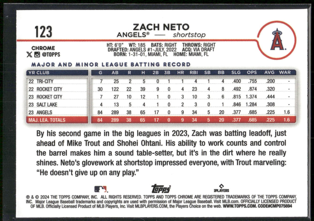 2024 Topps Chrome #123 Zach Neto Pink Refractors