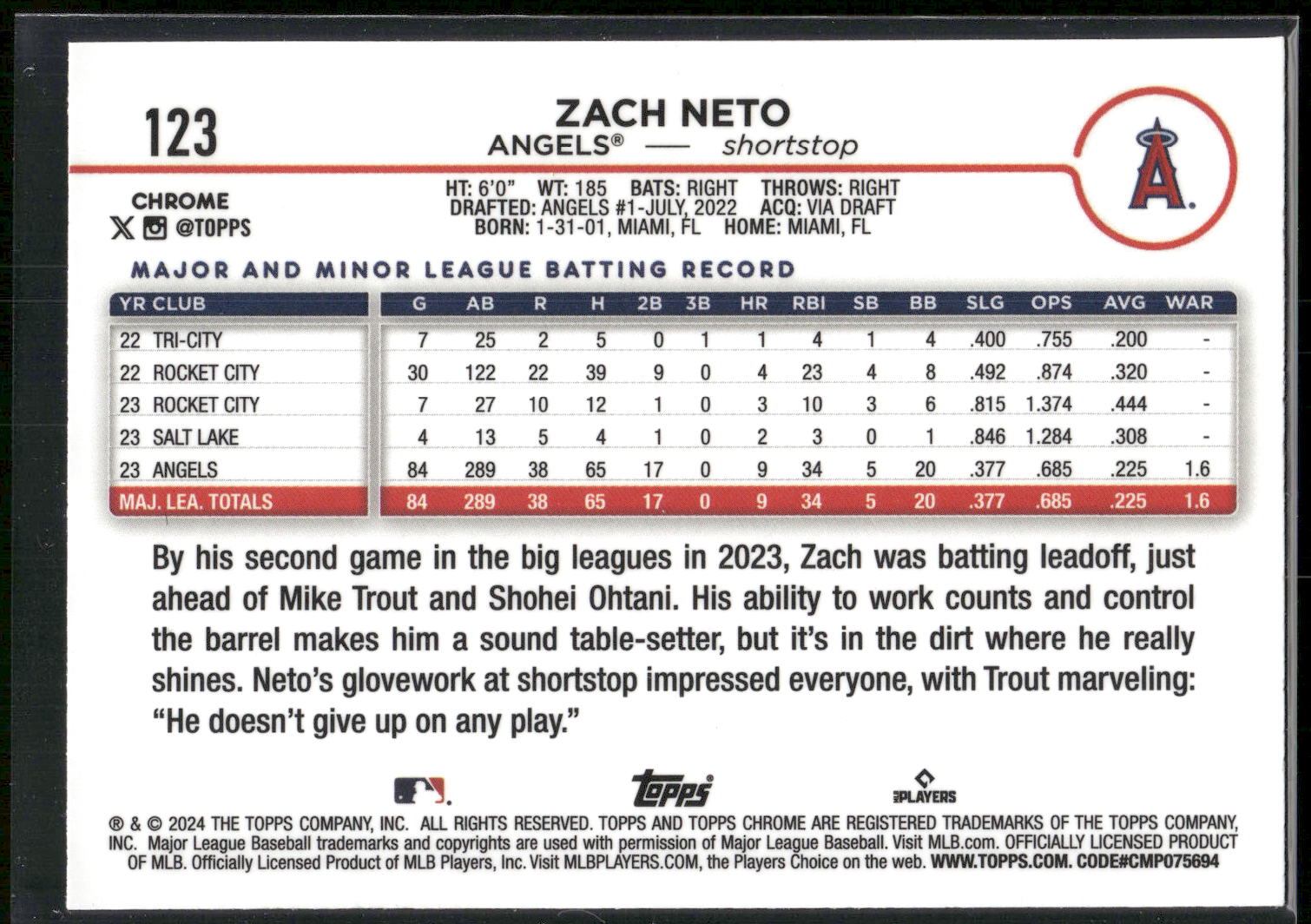 2024 Topps Chrome #123 Zach Neto Pink Refractors