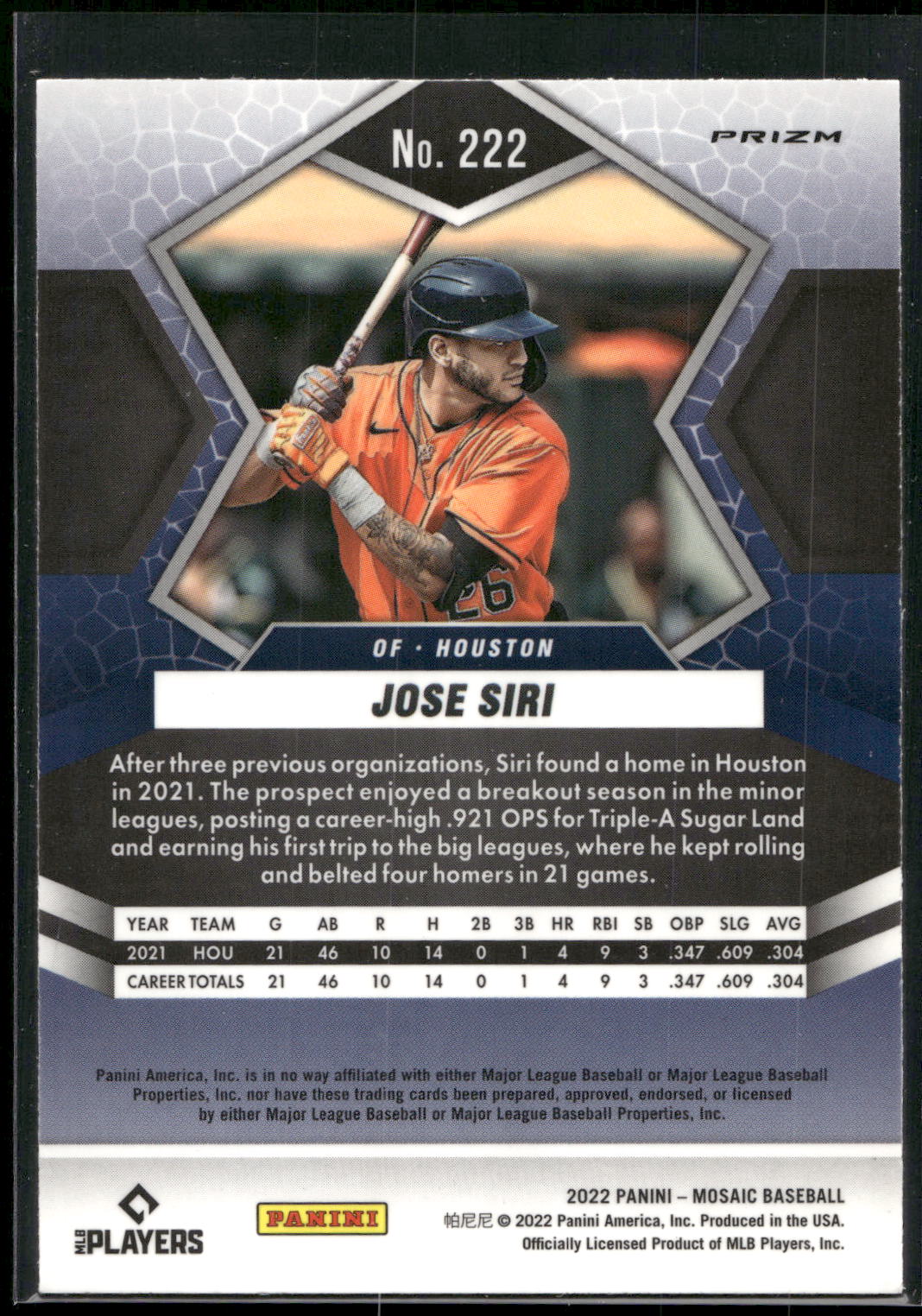 2022 Panini Mosaic #222 Jose Siri Blue Camo Mosaic