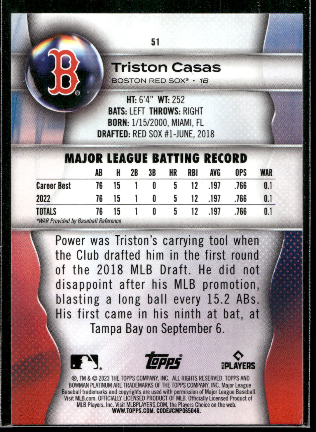 2023 Bowman Platinum #51 Triston Casas Ice Foil