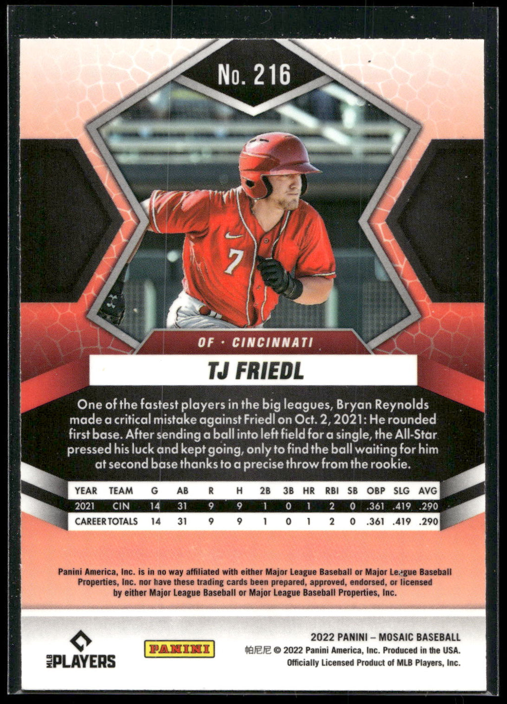 2022 Panini Mosaic #216 TJ Friedl