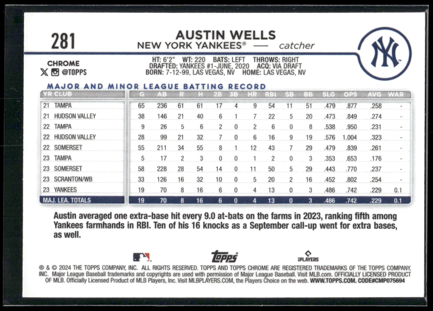 2024 Topps Chrome #281 Austin Wells