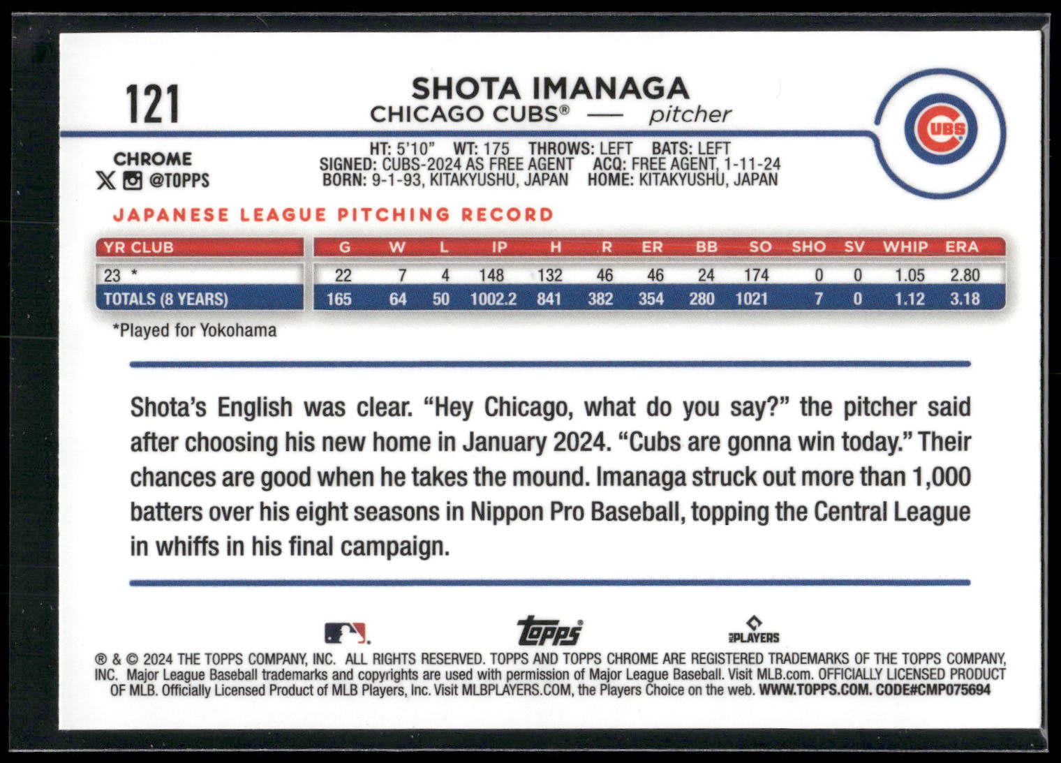 2024 Topps Chrome #121 Shota Imanaga