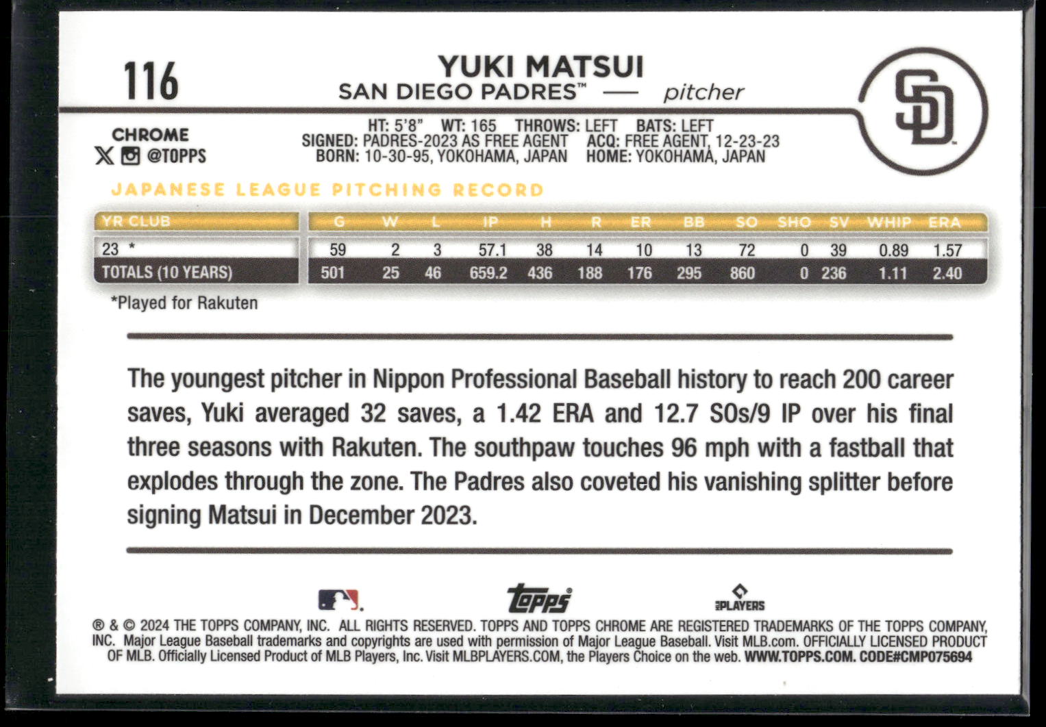 2024 Topps Chrome #116 Yuki Matsui