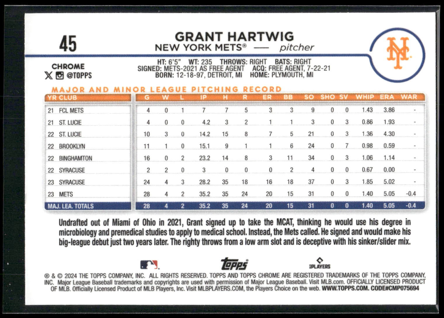 2024 Topps Chrome #45 Grant Hartwig