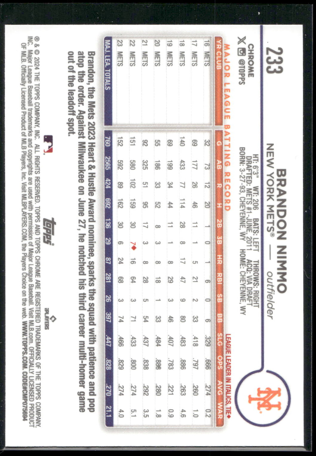 2024 Topps Chrome #233 Brandon Nimmo