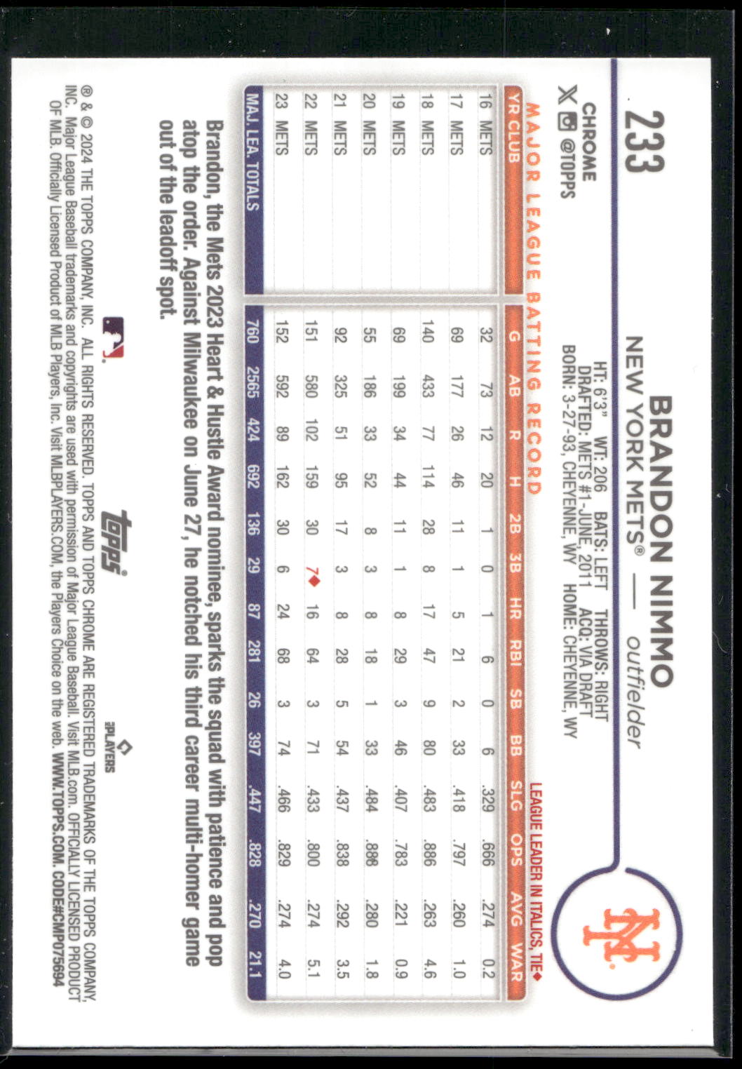 2024 Topps Chrome #233 Brandon Nimmo