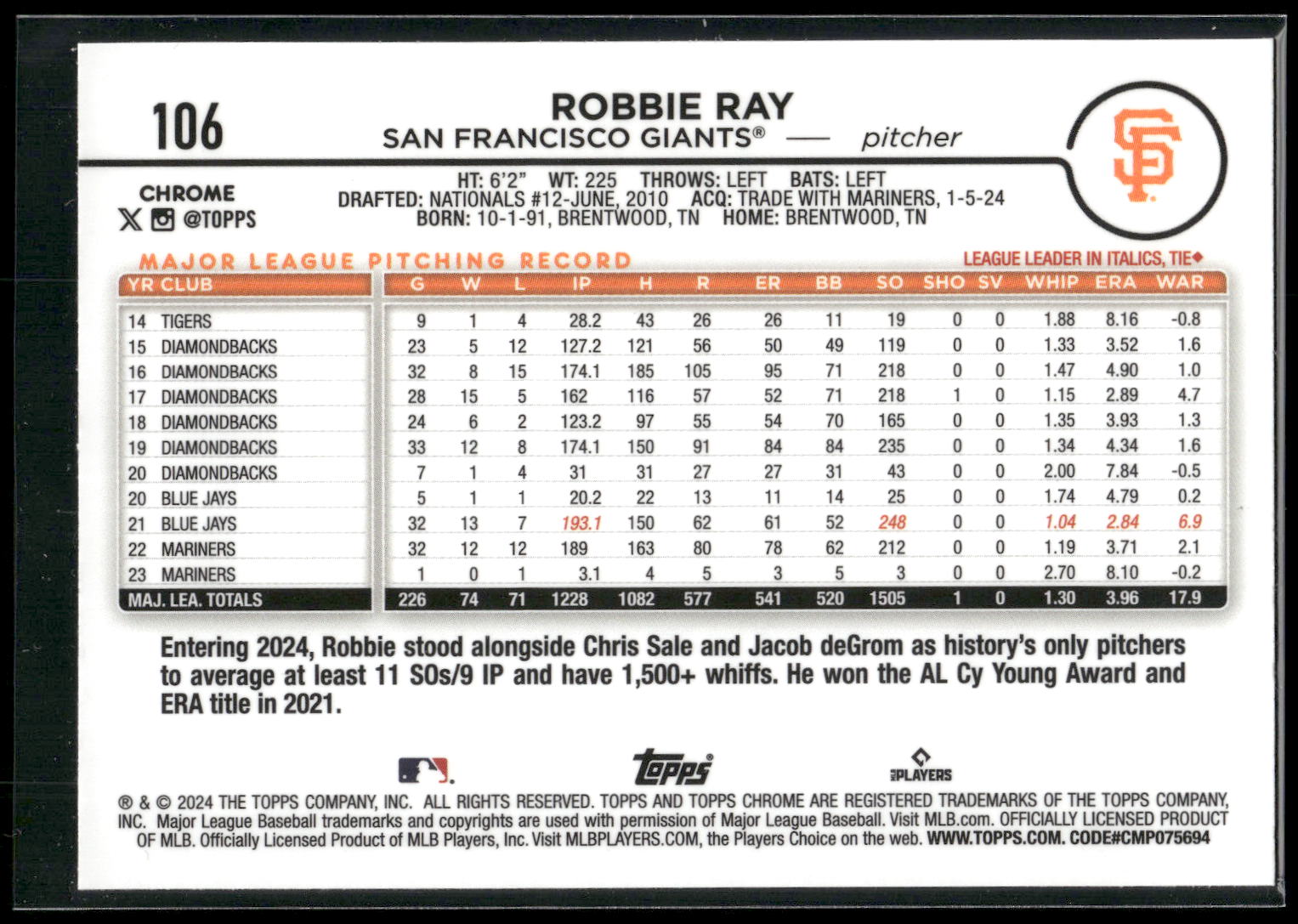 2024 Topps Chrome #106 Robbie Ray
