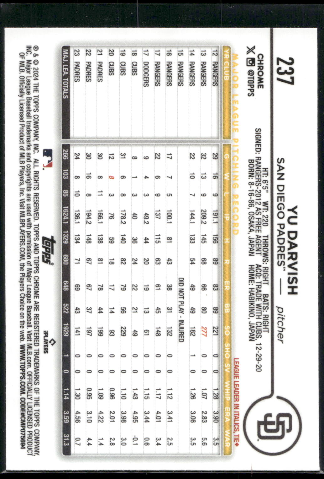 2024 Topps Chrome #237 Yu Darvish
