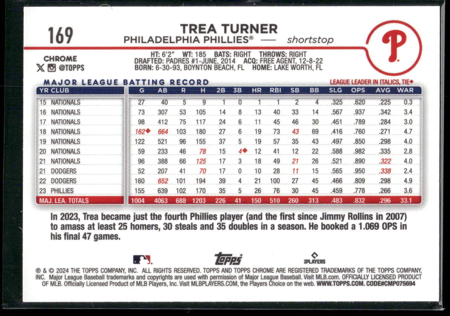 2024 Topps Chrome #169 Trea Turner