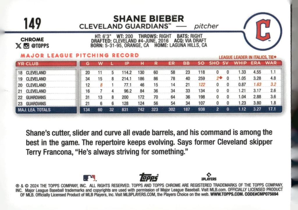 2024 Topps Chrome #149 Shane Bieber