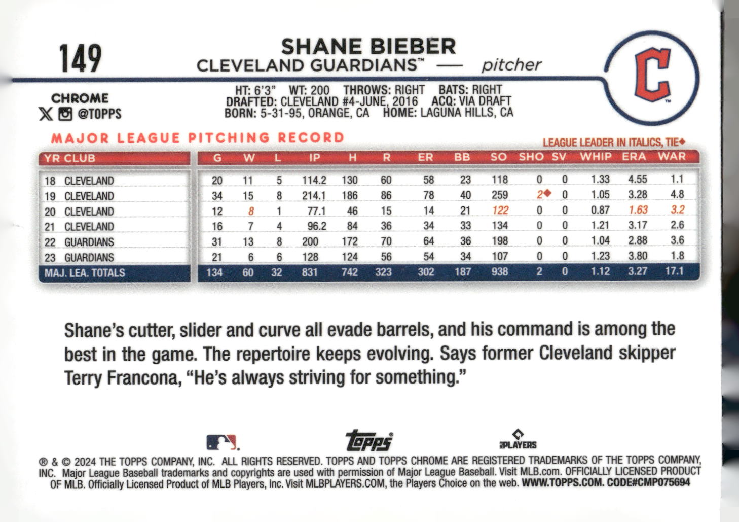 2024 Topps Chrome #149 Shane Bieber