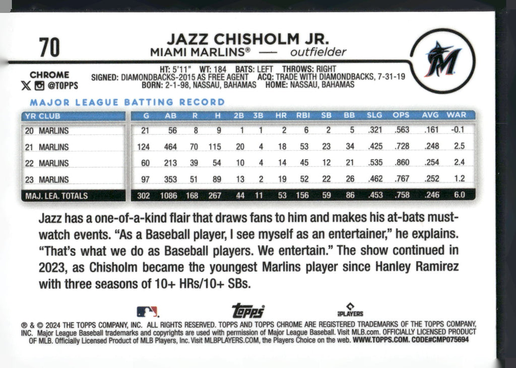 2024 Topps Chrome #70 Jazz Chisholm Jr.
