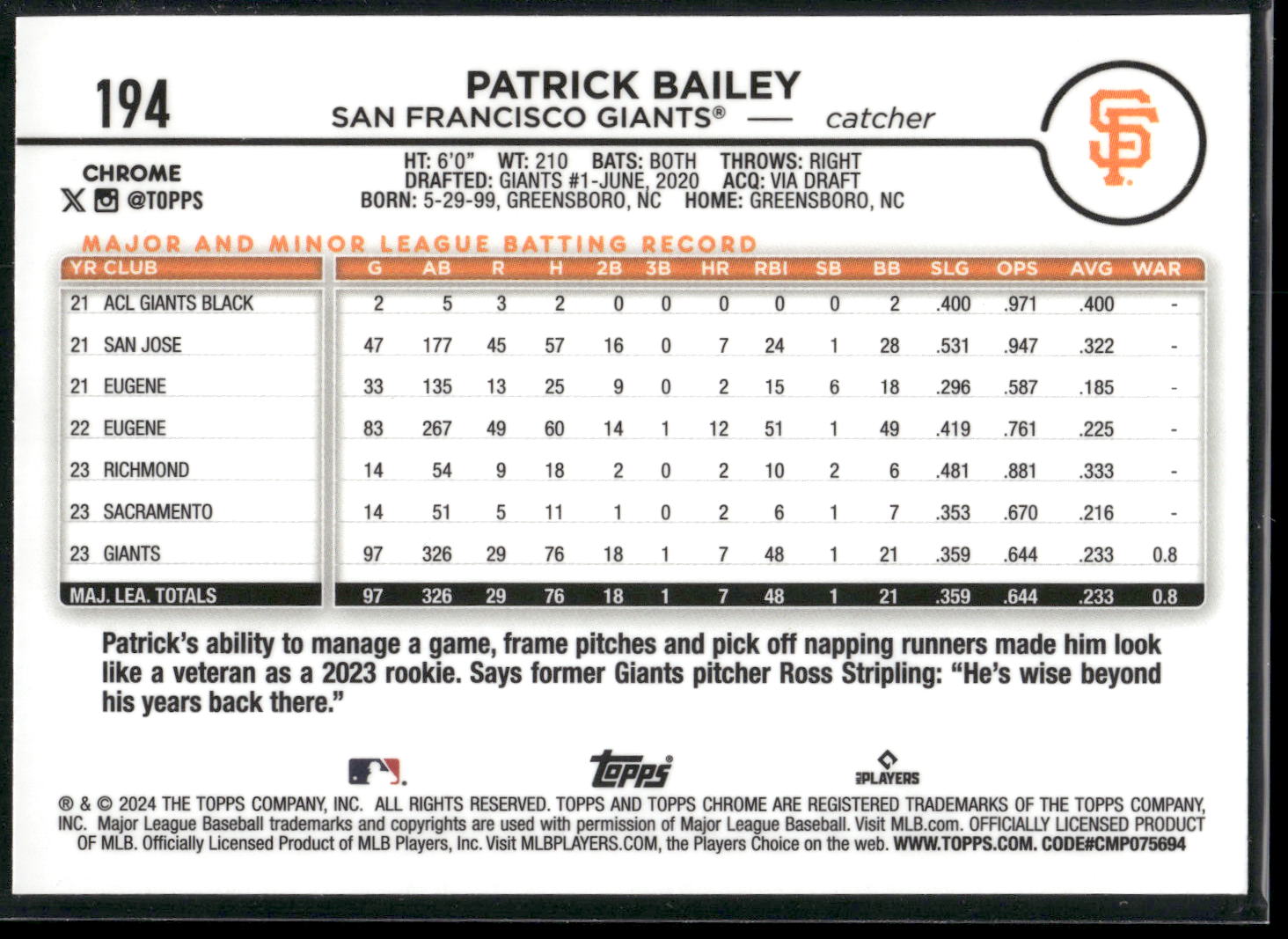 2024 Topps Chrome #194 Patrick Bailey