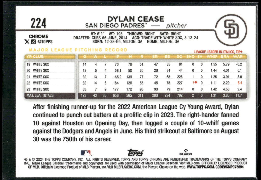 2024 Topps Chrome #224 Dylan Cease
