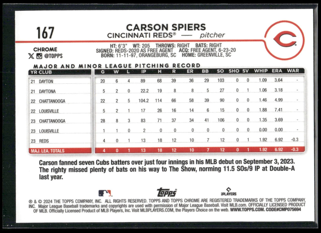 2024 Topps Chrome #167 Carson Spiers