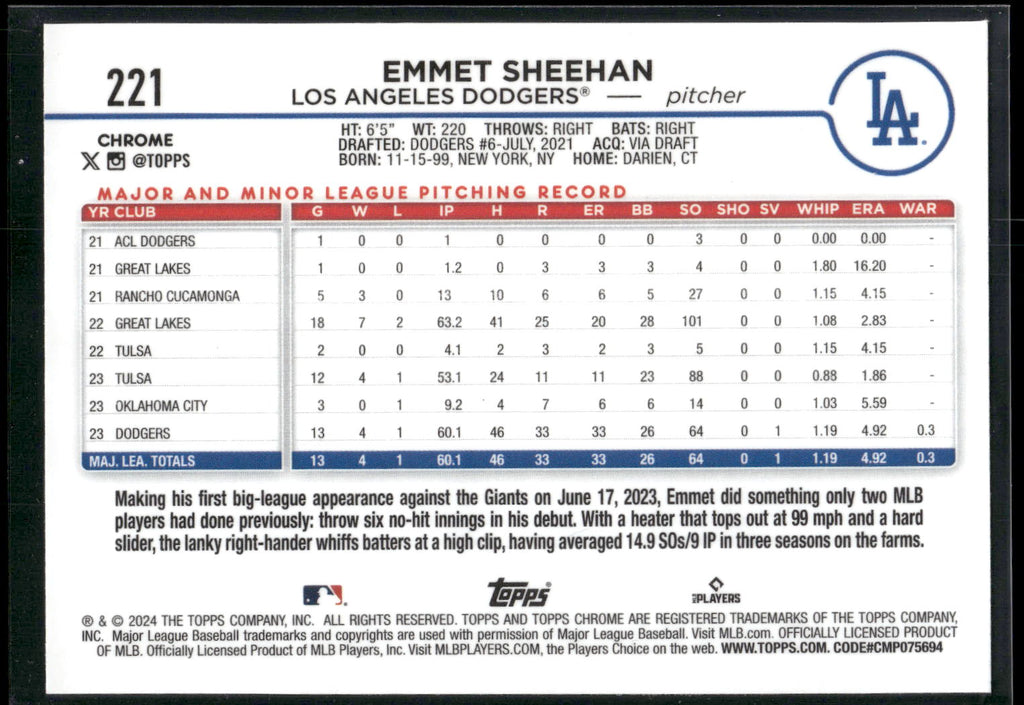 2024 Topps Chrome #221 Emmet Sheehan