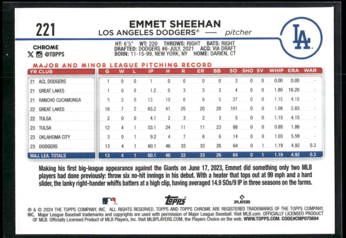 2024 Topps Chrome #221 Emmet Sheehan