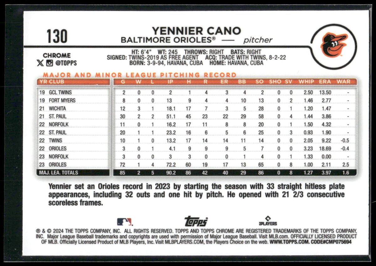 2024 Topps Chrome #130 Yennier Cano