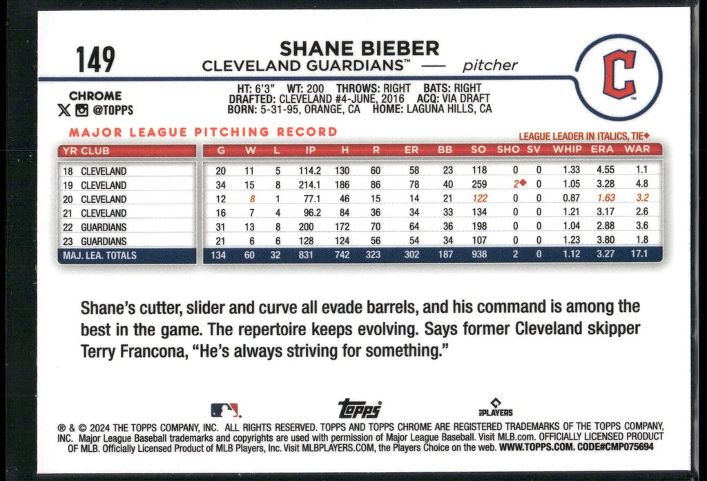 2024 Topps Chrome #149 Shane Bieber