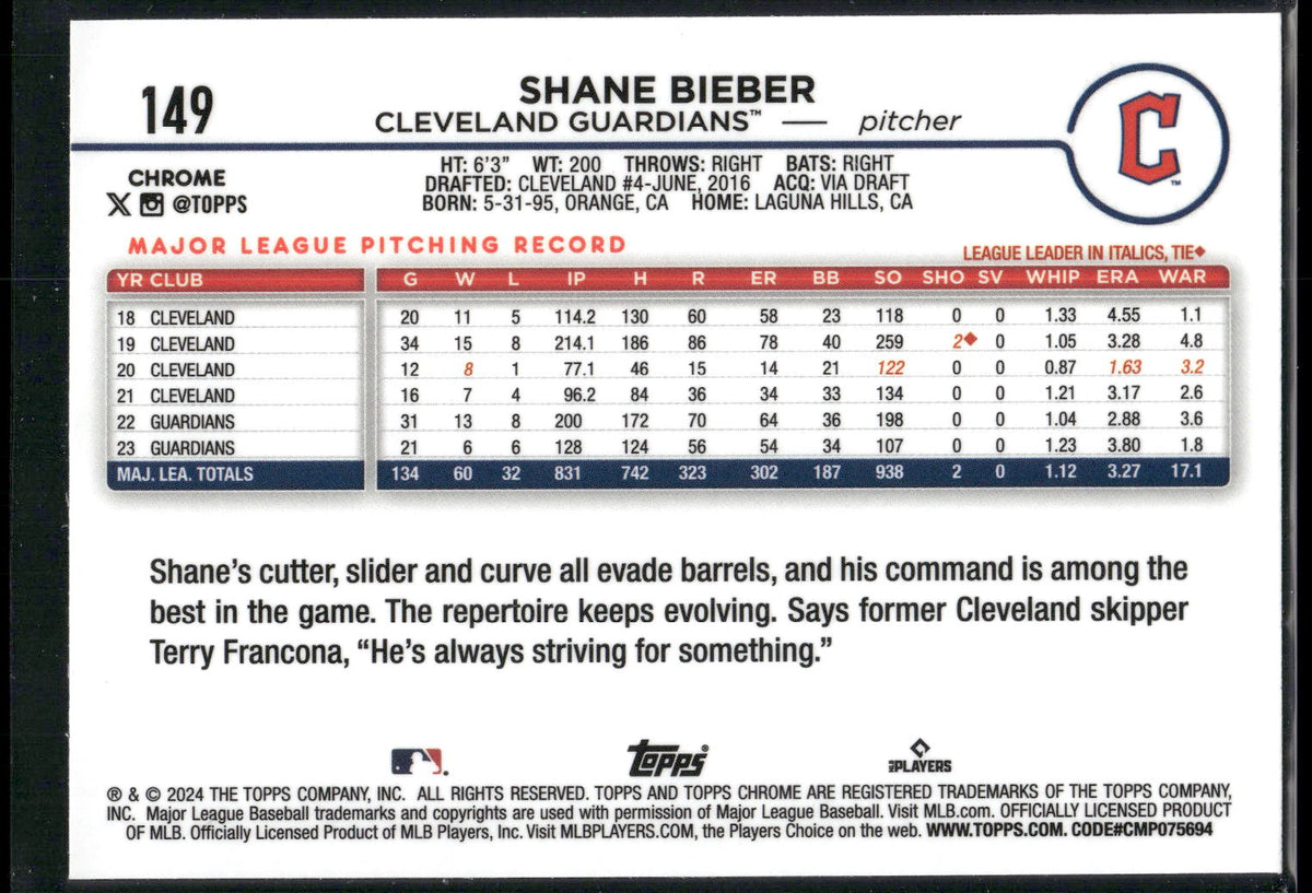 2024 Topps Chrome #149 Shane Bieber