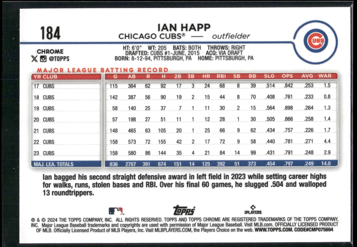 2024 Topps Chrome #184 Ian Happ