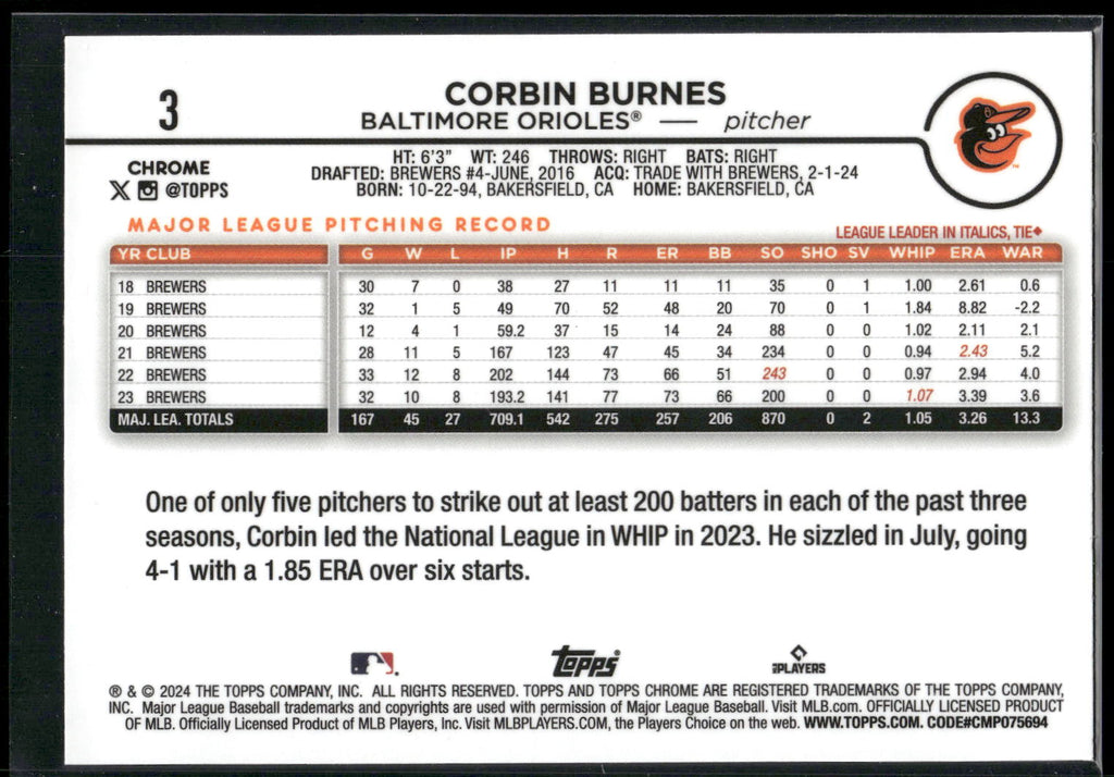 2024 Topps Chrome #3 Corbin Burnes