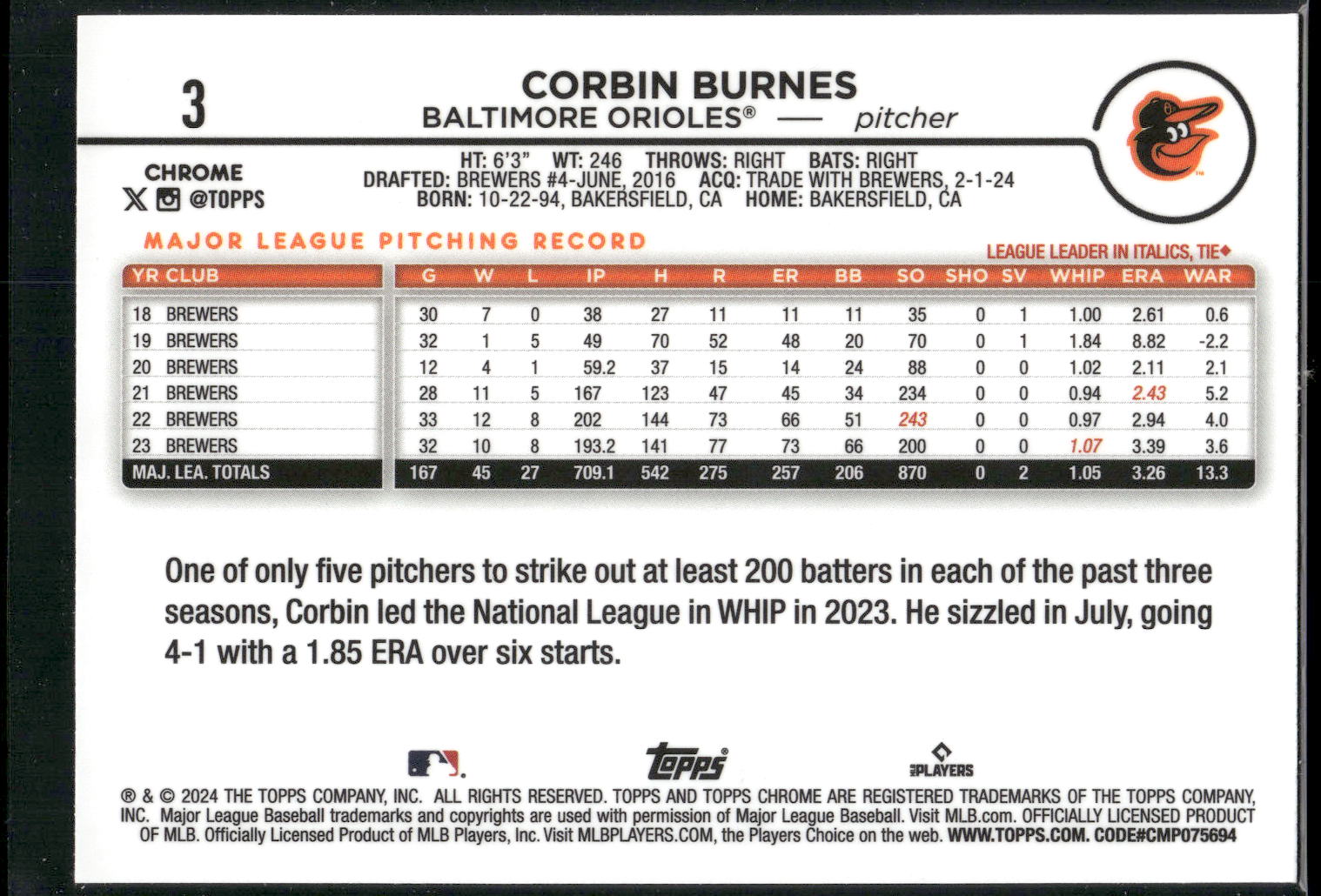 2024 Topps Chrome #3 Corbin Burnes