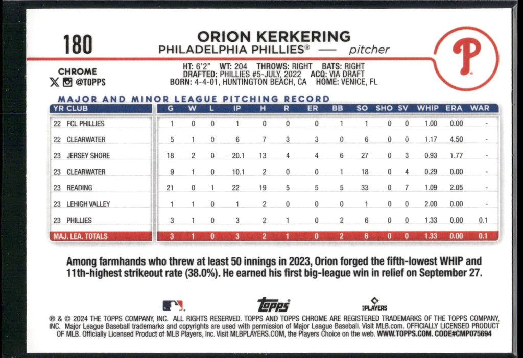 2024 Topps Chrome #180 Orion Kerkering