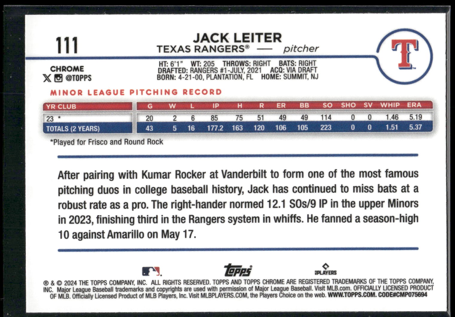 2024 Topps Chrome #111 Jack Leiter