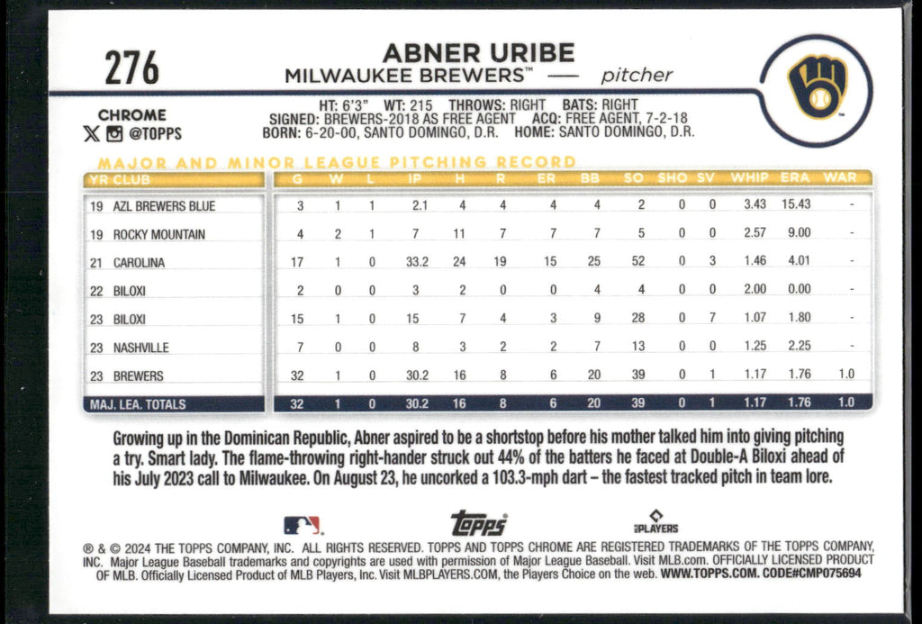 2024 Topps Chrome #276 Abner Uribe