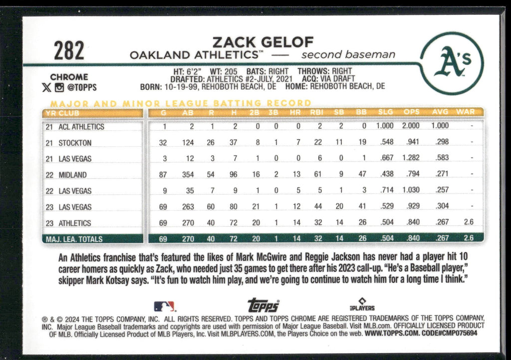 2024 Topps Chrome #282 Zack Gelof