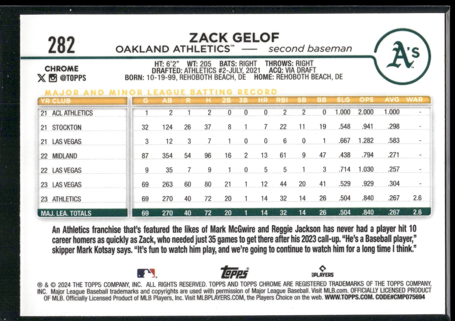 2024 Topps Chrome #282 Zack Gelof