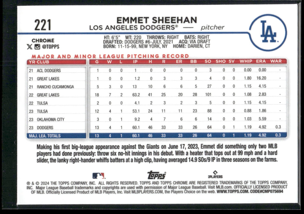 2024 Topps Chrome #221 Emmet Sheehan