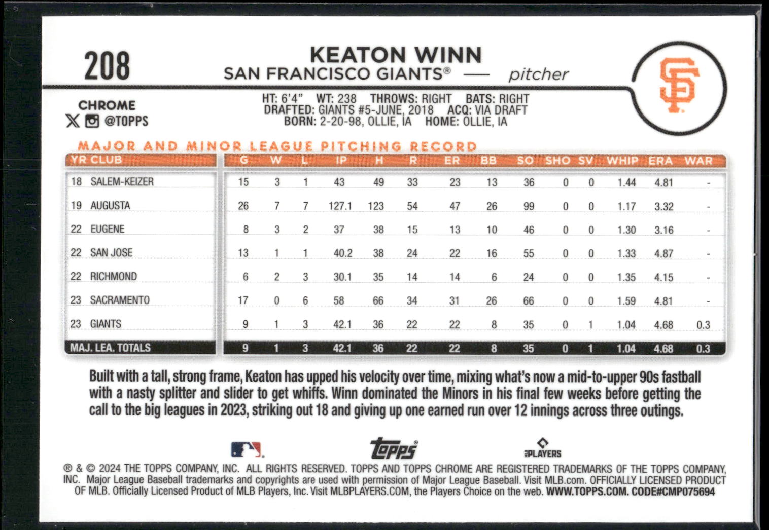2024 Topps Chrome #208 Keaton Winn