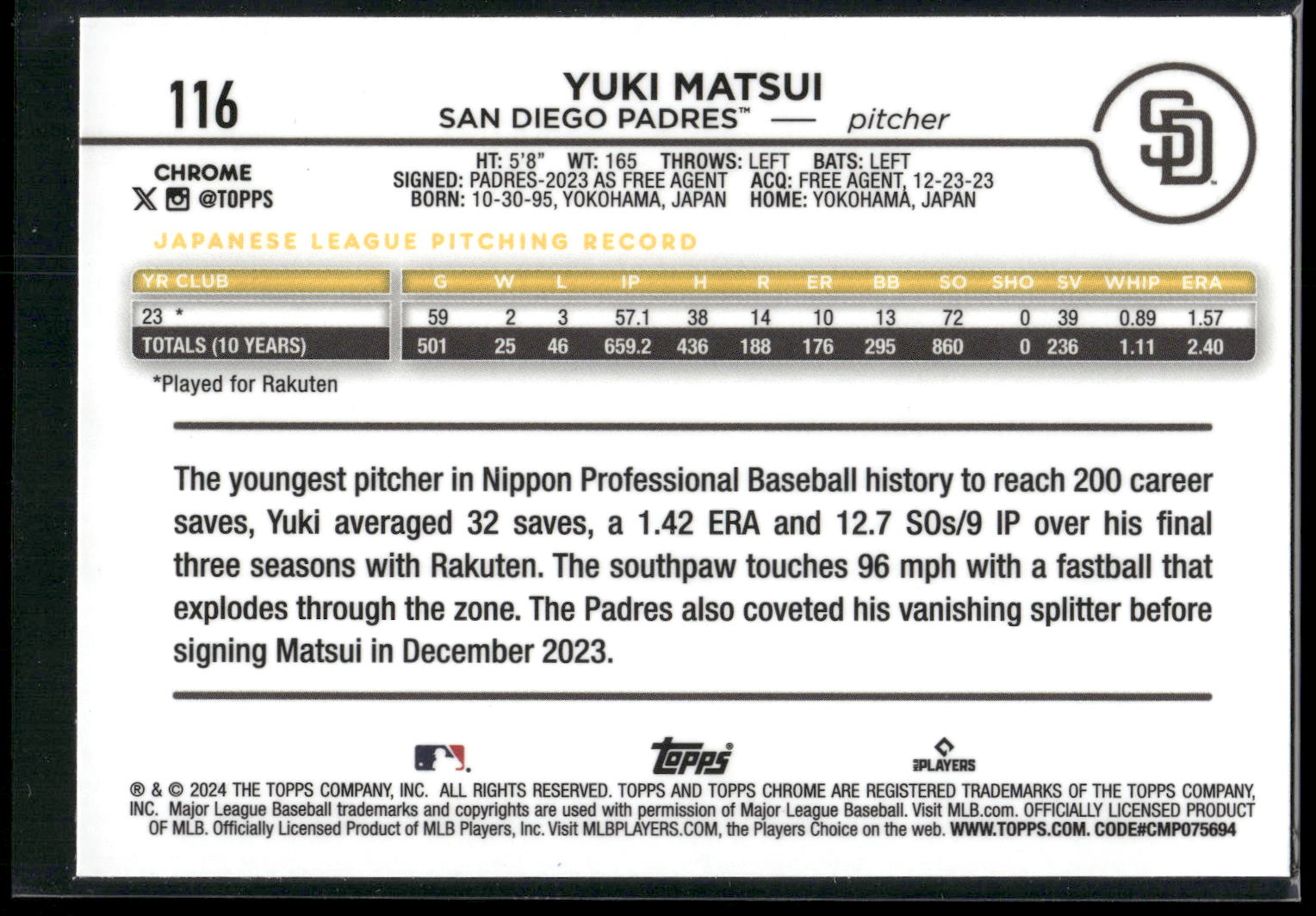 2024 Topps Chrome #116 Yuki Matsui