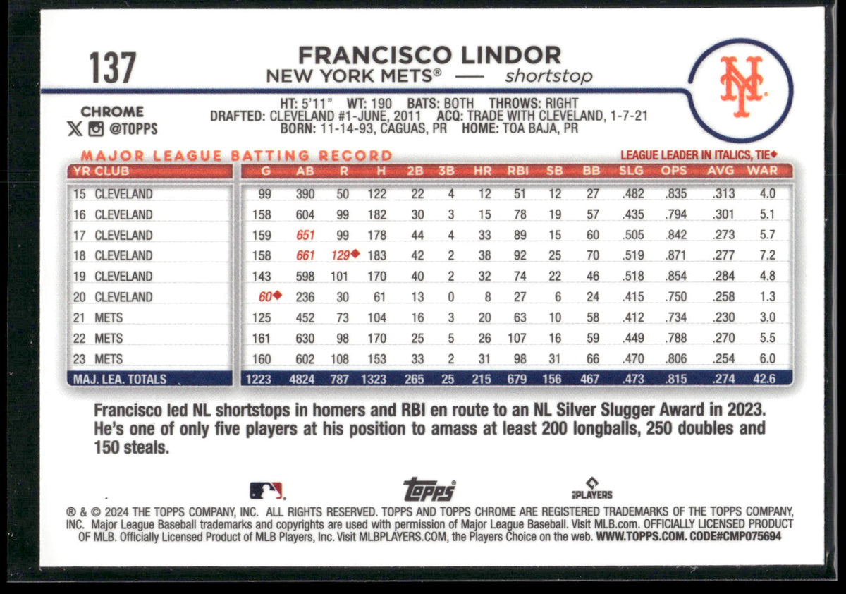 2024 Topps Chrome #137 Francisco Lindor
