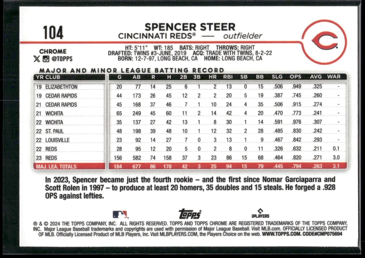 2024 Topps Chrome #104 Spencer Steer