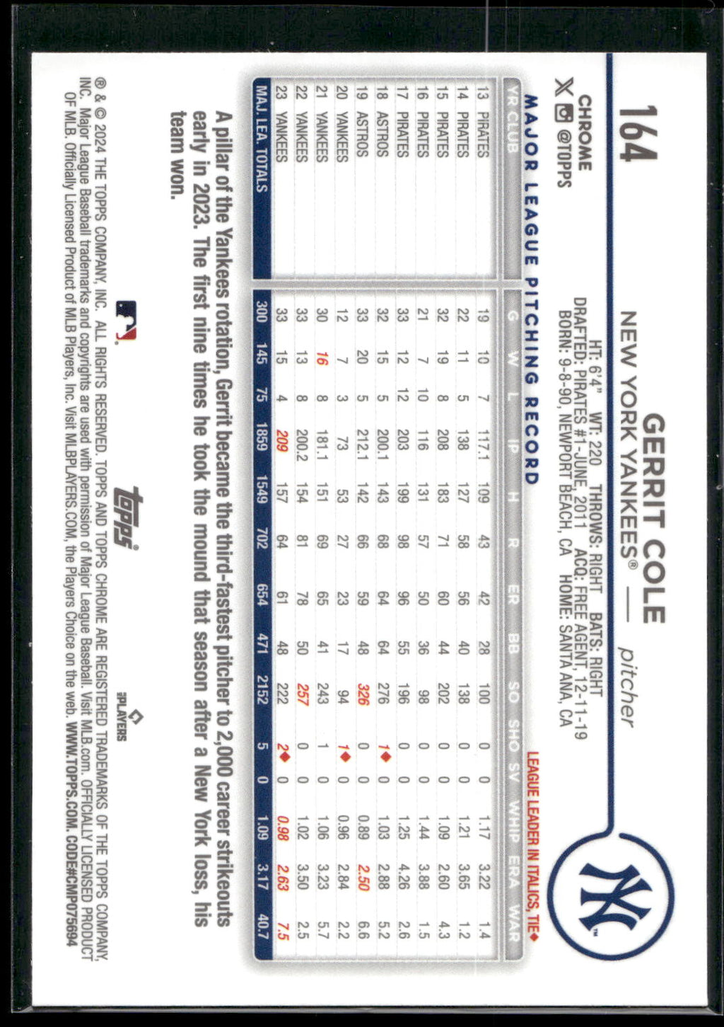 2024 Topps Chrome #164 Gerrit Cole