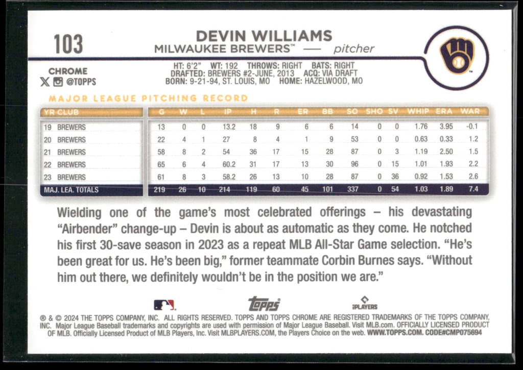 2024 Topps Chrome #103 Devin Williams