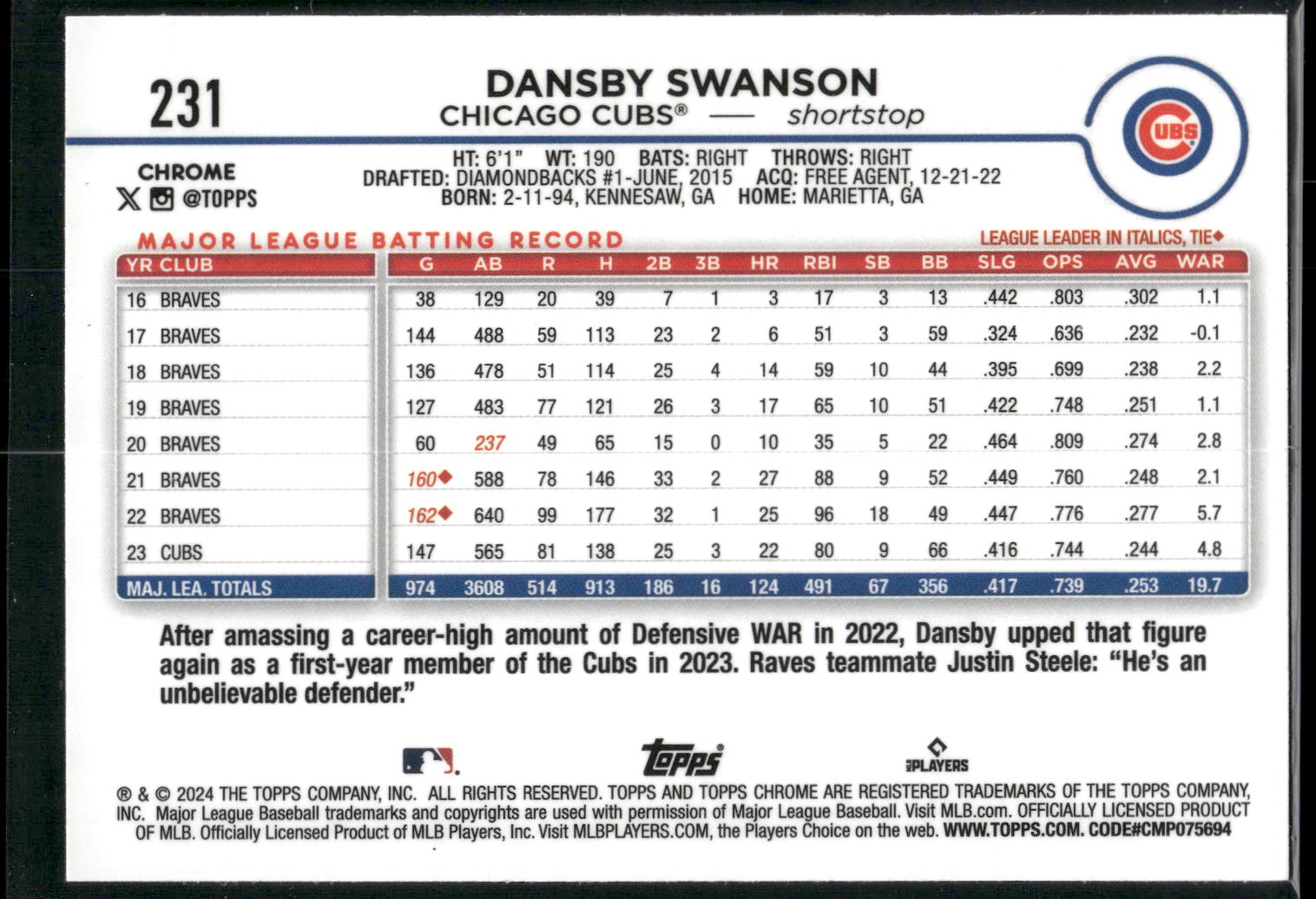 2024 Topps Chrome #231 Dansby Swanson