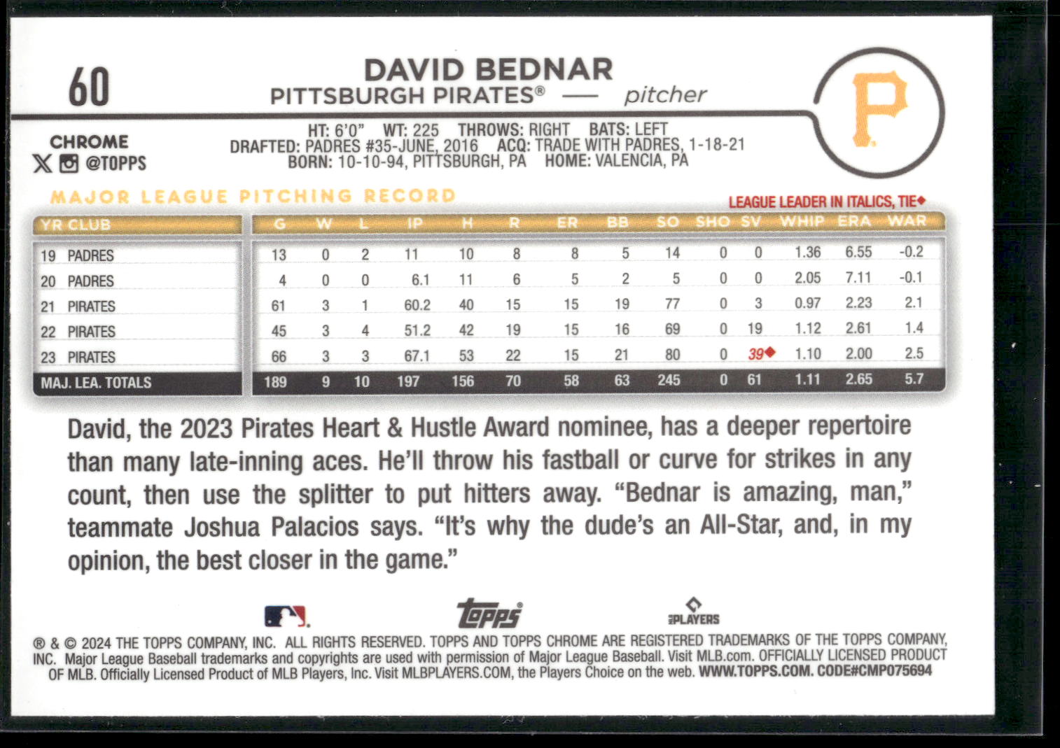2024 Topps Chrome #60 David Bednar