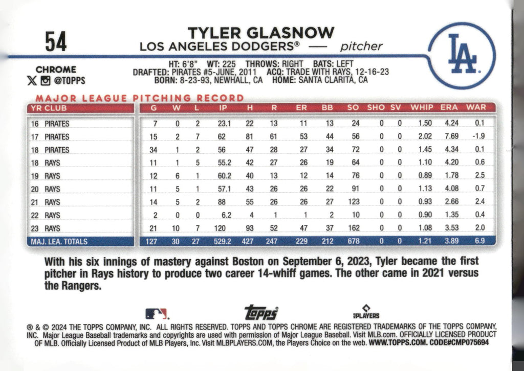 2024 Topps Chrome #54 Tyler Glasnow