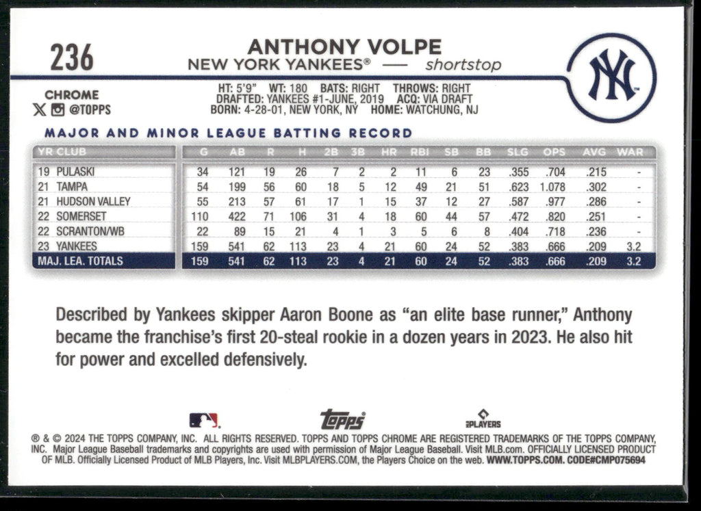 2024 Topps Chrome #236 Anthony Volpe