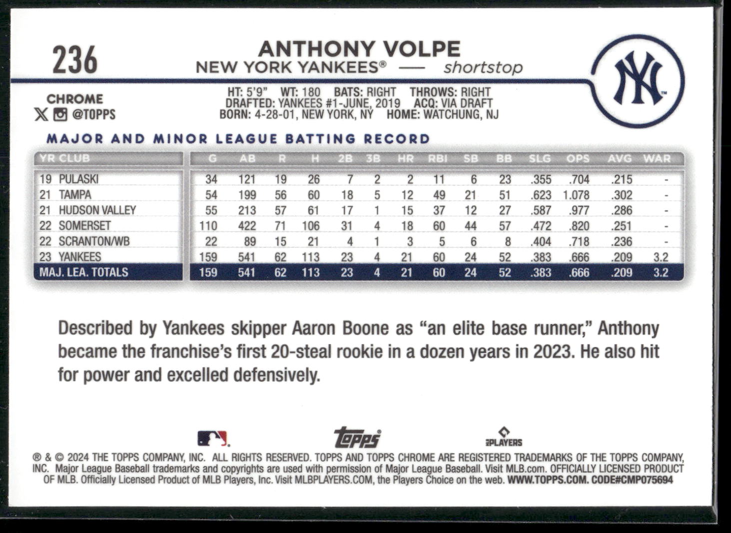2024 Topps Chrome #236 Anthony Volpe