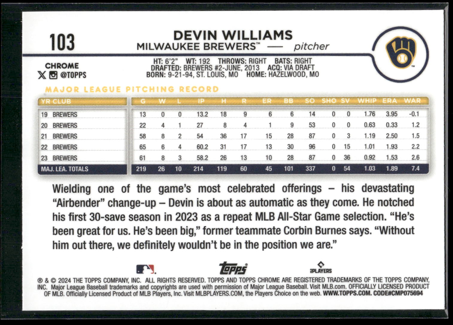2024 Topps Chrome #103 Devin Williams