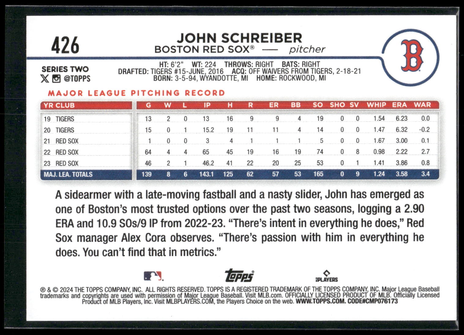 2024 Topps #426 John Schreiber Royal Blue