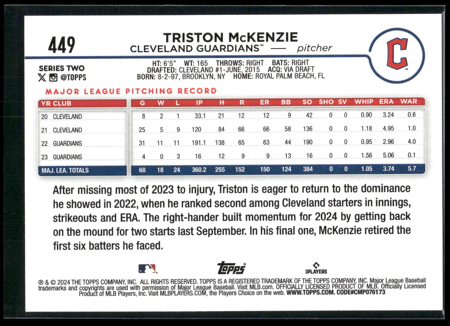 2024 Topps #449 Triston McKenzie Royal Blue