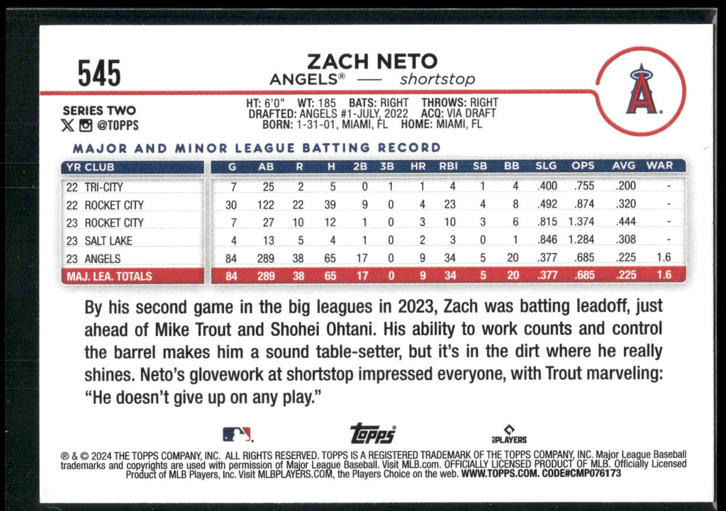 2024 Topps #545 Zach Neto Royal Blue